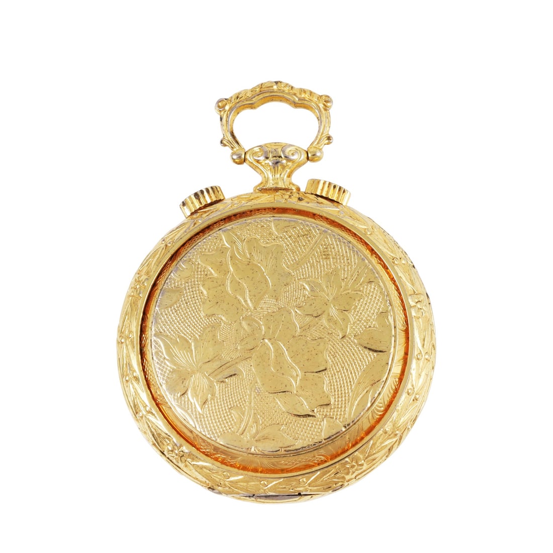Bucherer: Bucherer Fine, gilted brass pocket watch with alarm and gold plated and pearls chain DIAM: 45 mm Note: in good condition, movement and case signed