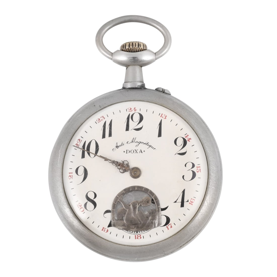 Doxa: Doxa Unusual and large metal pocket watch with erotic subsidiary zone below center in gilt metal. Made circa 1900, movement and case signed DIAM: 67 mm Note: overhaul recommended