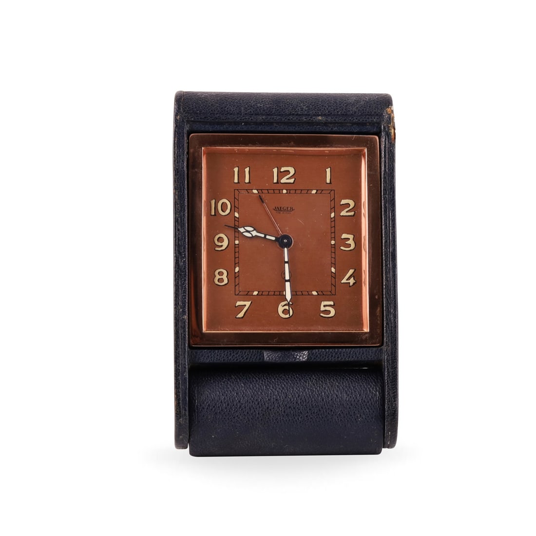 Jaeger: Jaeger Metal and leather covered desk clock with alarm Made circa 1960 DIM: 11 x 7 x 3 cm