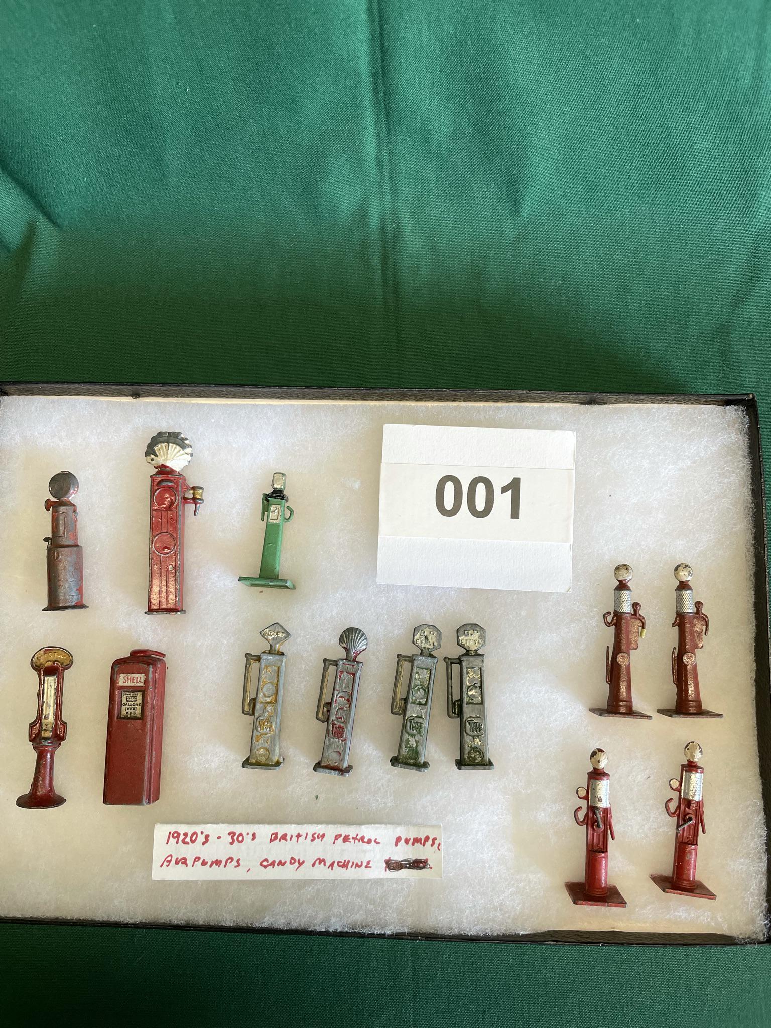 (13) Assorted British Petrol Pumps: Included Dinky and Timpo. Case not included. Shipping is available.
