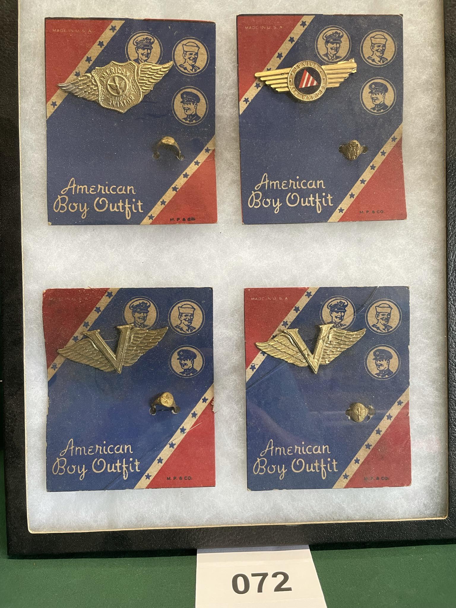 WWII American Boy Outfit,: NOS Aviator and Jr. Air Warden WWII American Boy Outfit, Pins and Rings NOS V for Victory Pins and Aviator Rings. Case not included. Shipping is available.