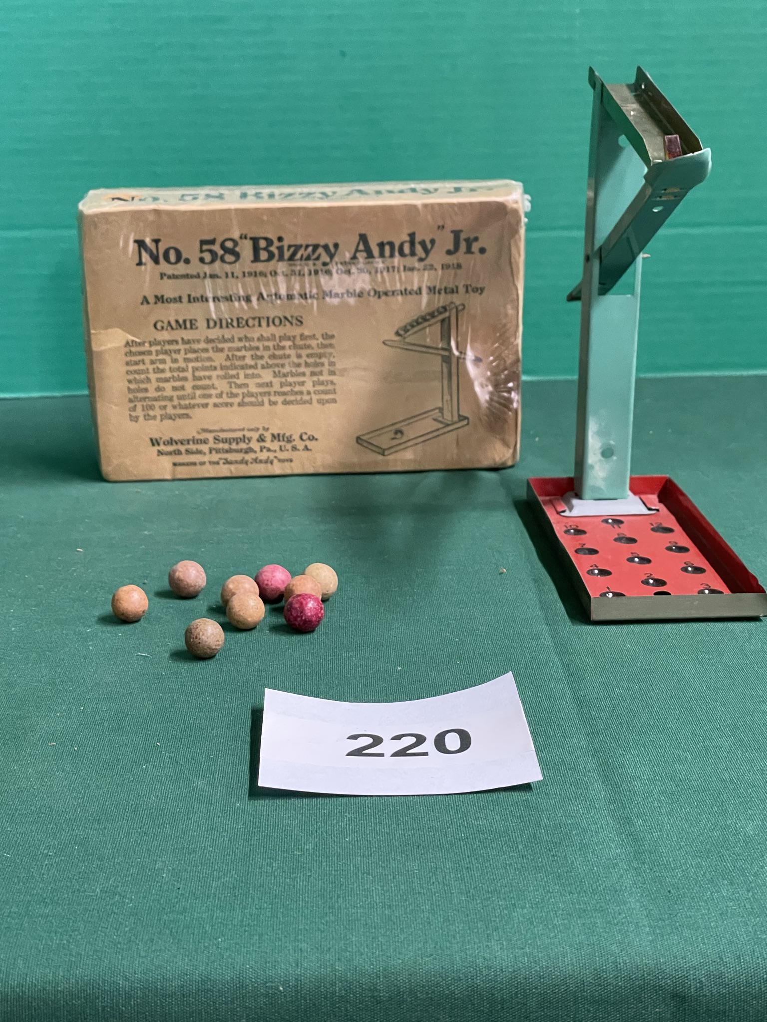 Wolverine No. 58 Bizzy Andy Jr.: with 9 clay marbles. 1930's Shipping is available.