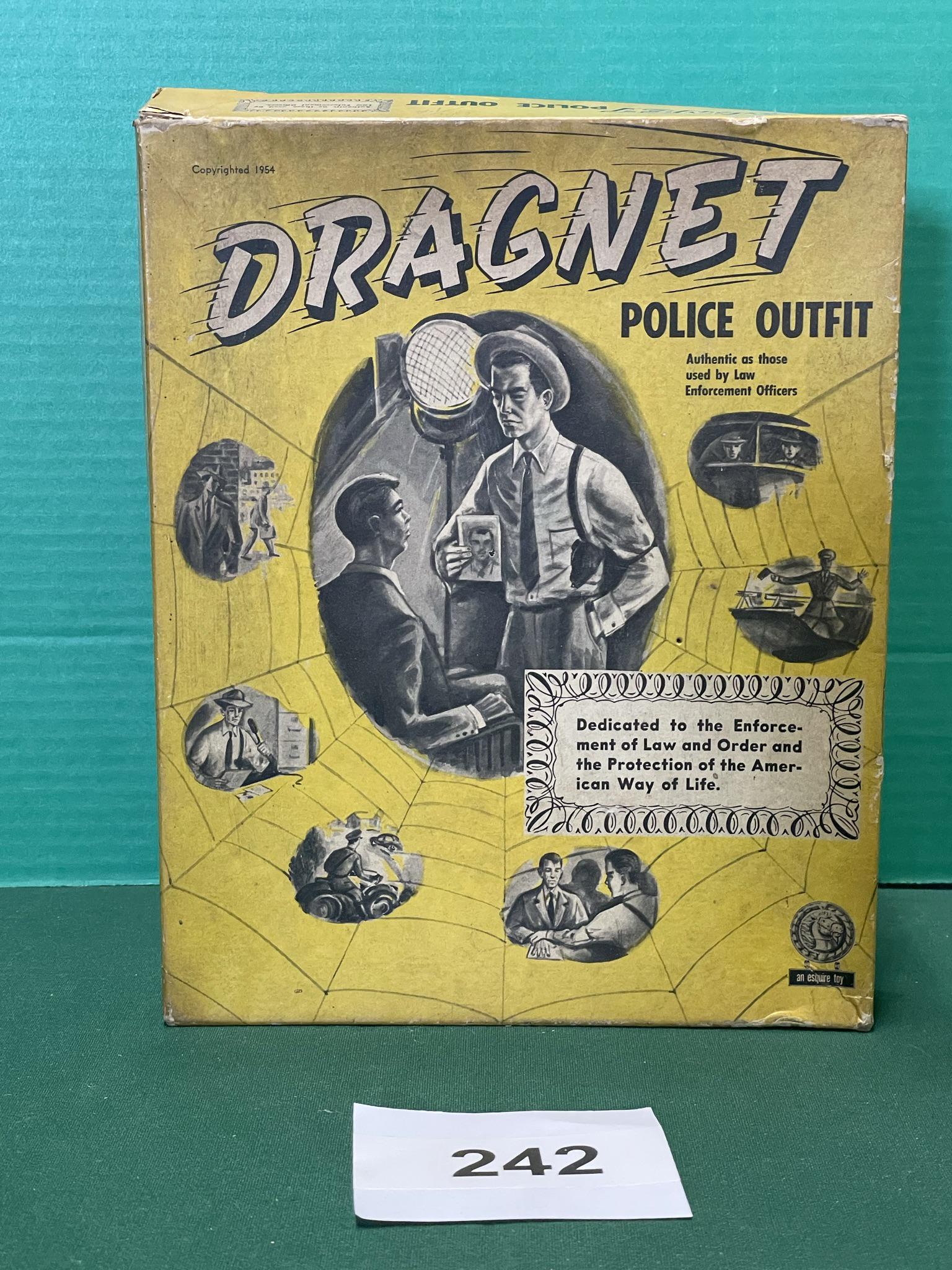 1950's Dragnet police outfit: Pistol, handcuffs, and official Jack Webb whistle. Toys have been used. Shipping is available.