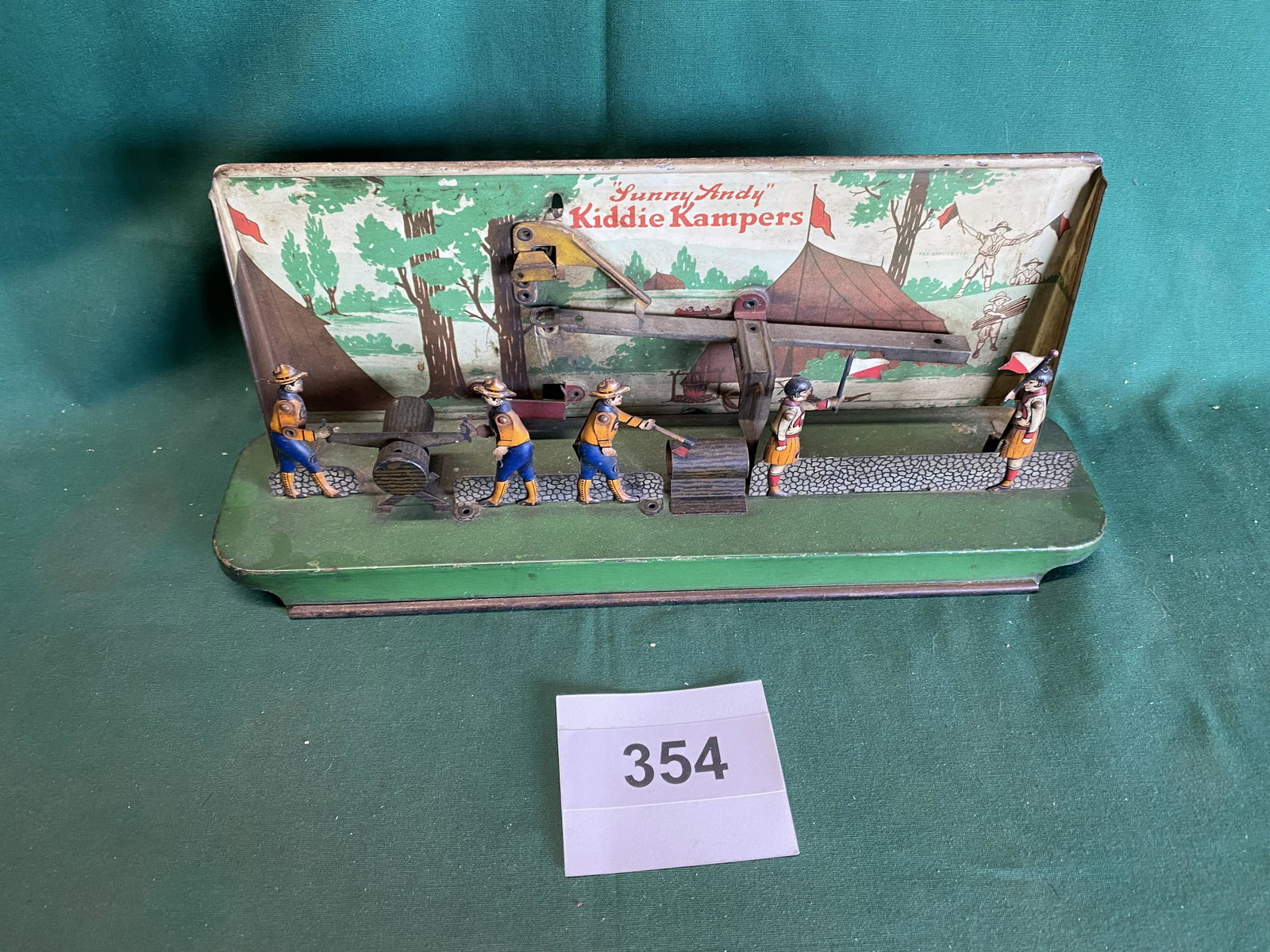 1930's Sunny Andy Kiddie Kampers: No ball bearings. Not missing flag or hatchet. Shipping is available.