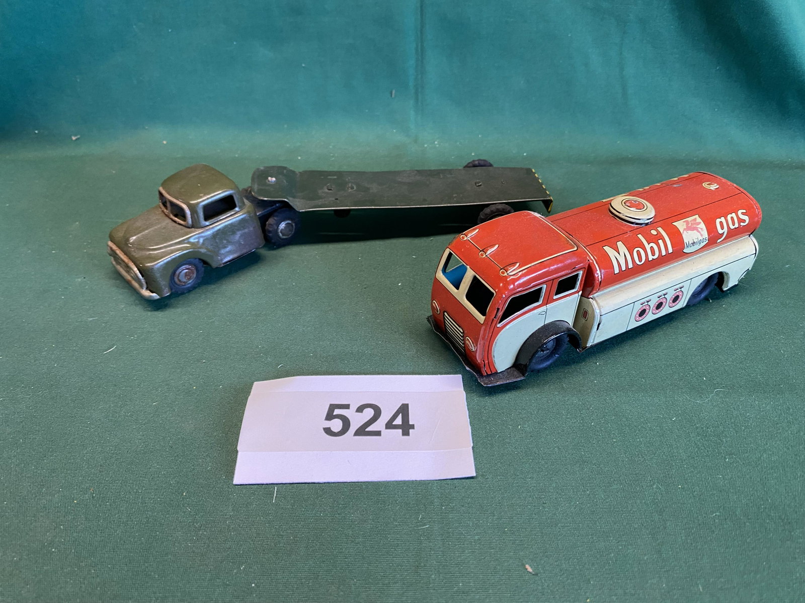 Mobil Gas tanker and Flat bed trailer with cab: Maker unknown. Shipping is available.
