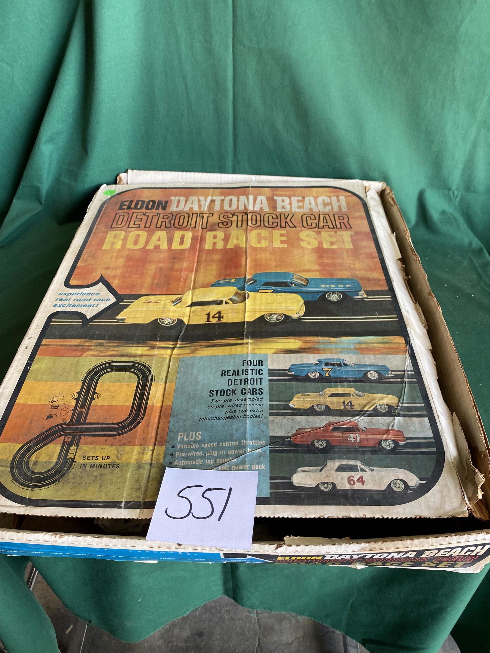 Eldon Daytona Beach Detroit Stock car road race: Has all 4 cars. Has been played with. Shipping is available.