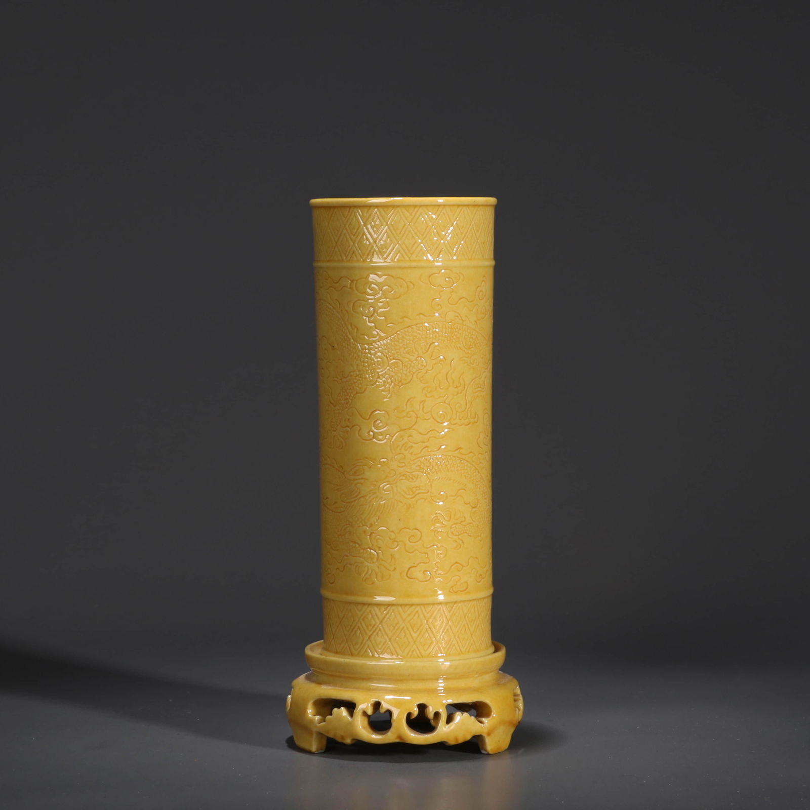 Yellow Glaze Incised Dragon and Cloud Incense Tube (1 of 6)