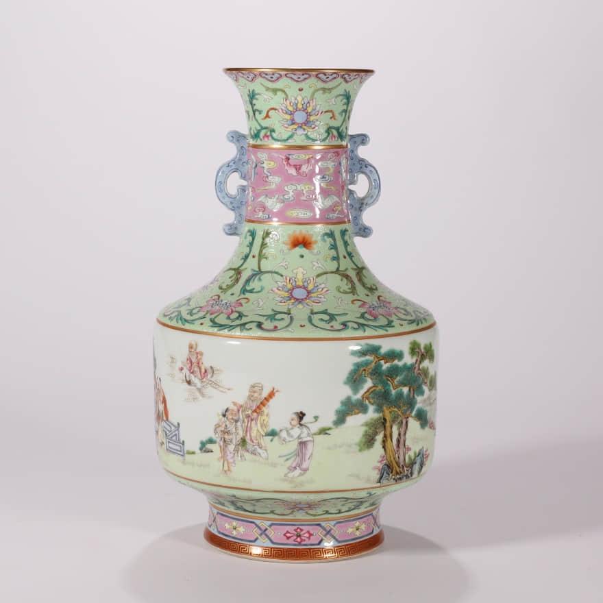 Green-ground Famille Rose Eight Immortals Double-eared Flaring Vase (1 of 10)