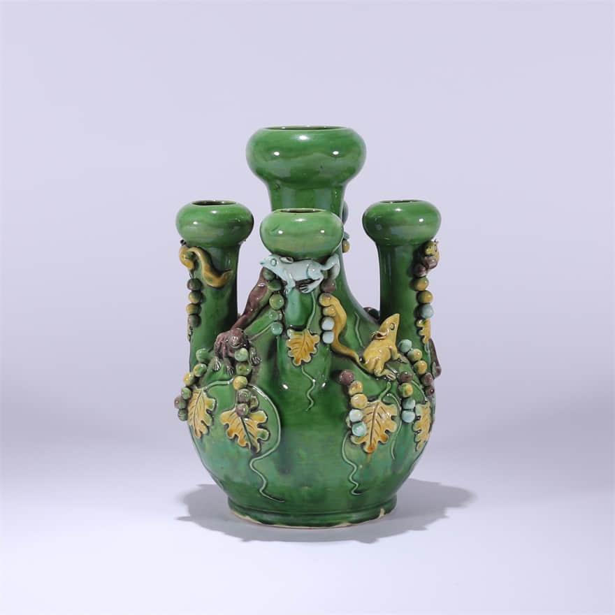 Green Glaze Squirrel Grapevine Five Spouts Vase (1 of 10)
