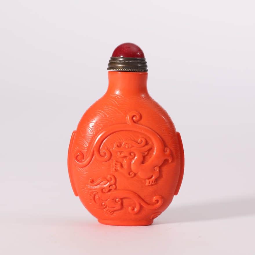 Coral Imitation Glassware Dragon Group Snuff Bottle (1 of 7)