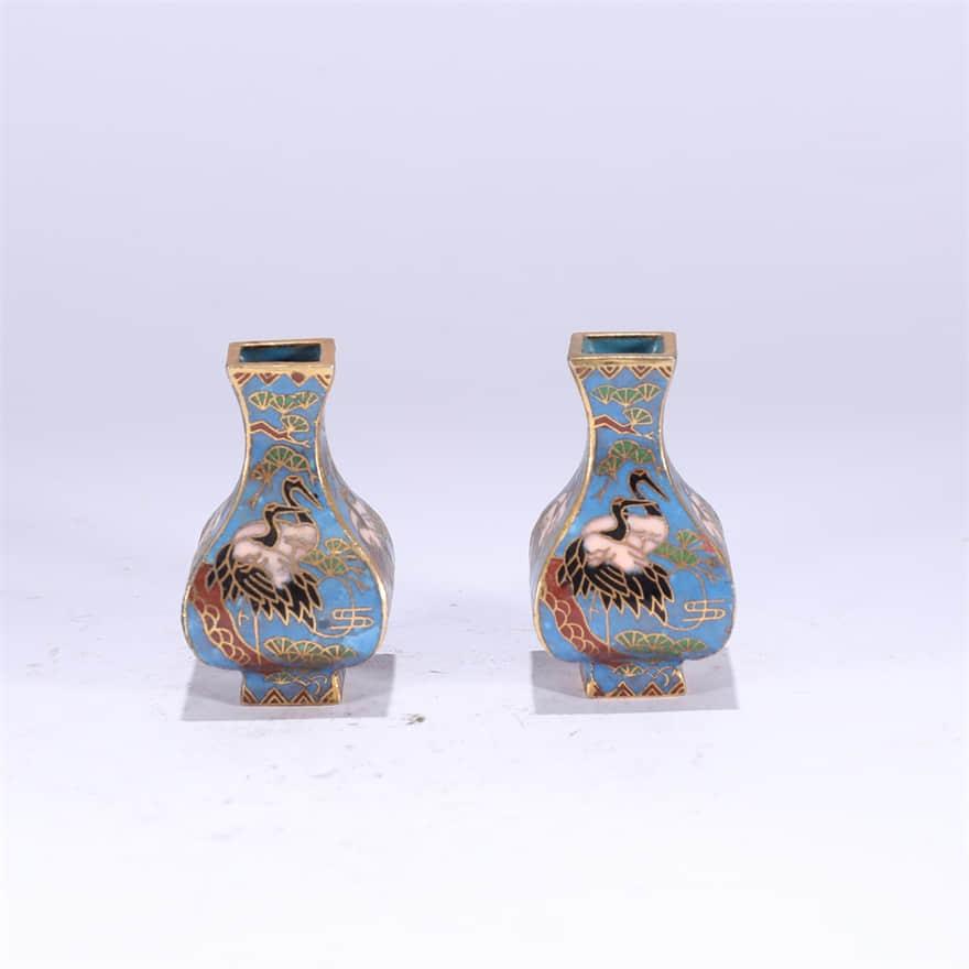 Pair of Cloisonne Enamel Crane and Pine Vases (1 of 6)