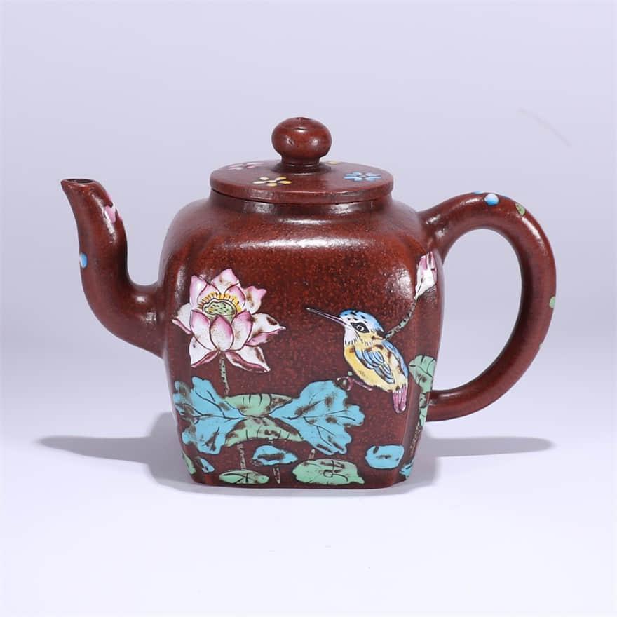 Polychromed Zisha Flower and Bird Square Pot (1 of 9)