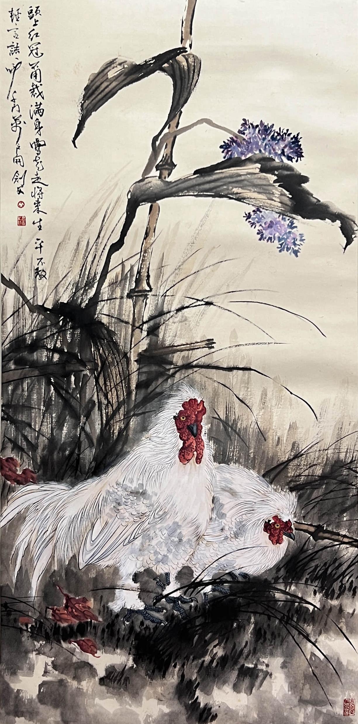 Chinese Flower and Bird Painting Paper Scroll, Gao Jianfu Mark (1 of 9)