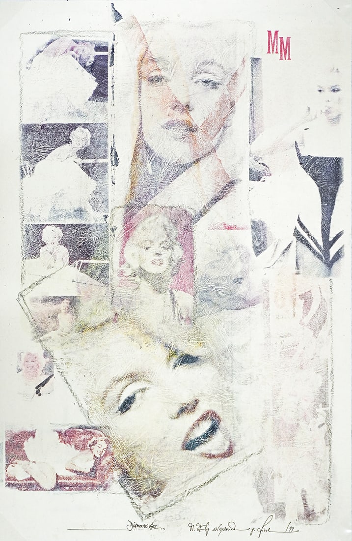 Alexander Fischer, Marilyn Monroe, Infamous Contemporary Frottage and Collage Monotype: Alexander Fischer, "Diamonds are Forever", unframed, dimensions: 23 x 15 in. Condition: Very Good, signed and tilted by artist at bottom. Unique ode to Marilyn Monroe; work of art by Alex Fischer in h
