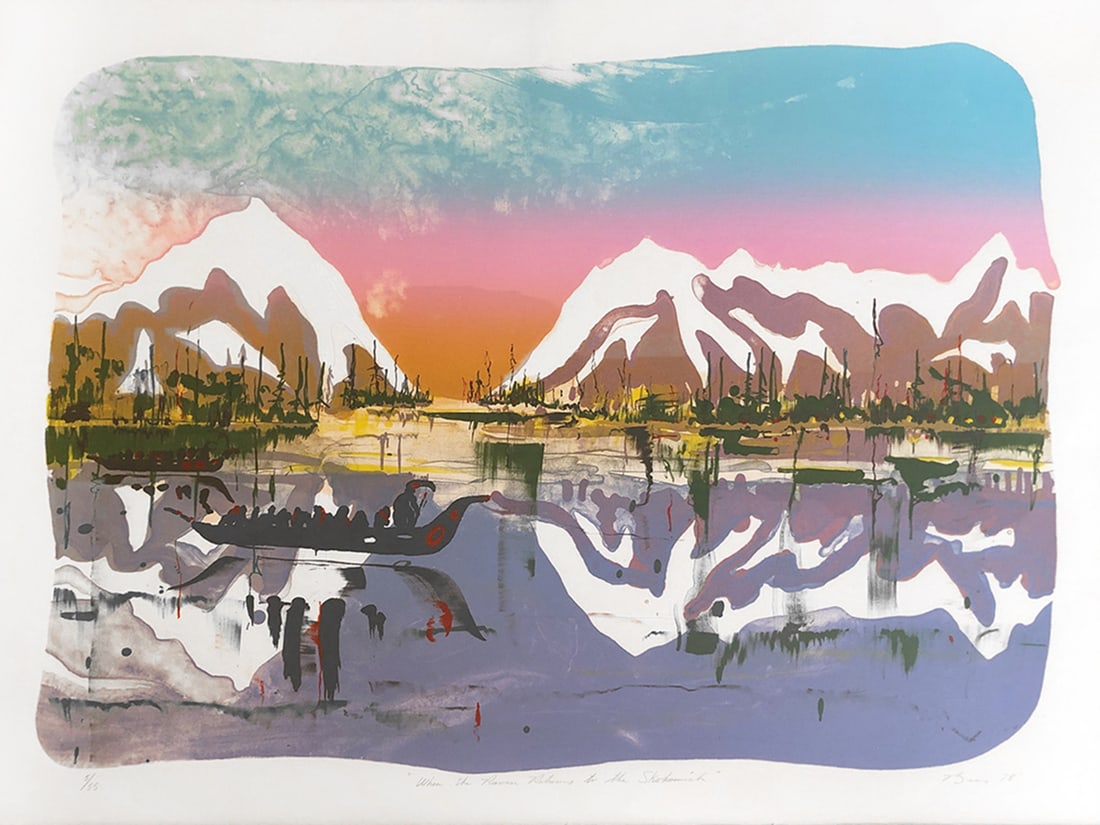 Earl Biss (Crow), Rare 1978 Lithograph by World Famous Native American Master Artist: Earl Biss (Crow), "When the Raven Returns to the Skohomish", 1978, very limited-edition lithograph, edition 5/55, unframed, dimensions: 22.5 x 30 in. Condition: Good, signed by artist lower right corn