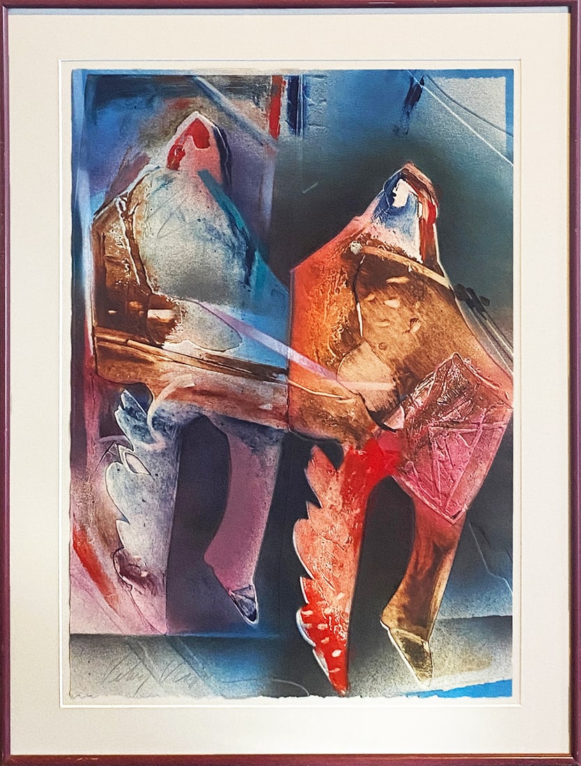 Veloy Vigil, Vintage Monotype Lithograph by Pueblo Native American Master Artist, Taos, NM: Veloy Vigil, "Transition", monotype lithograph, unframed dimensions: 21.75 X 15 in., framed dimensions: 26.75 x 19.75 in. Condition: Very Good, wear commensurate with age, see images for details; sign