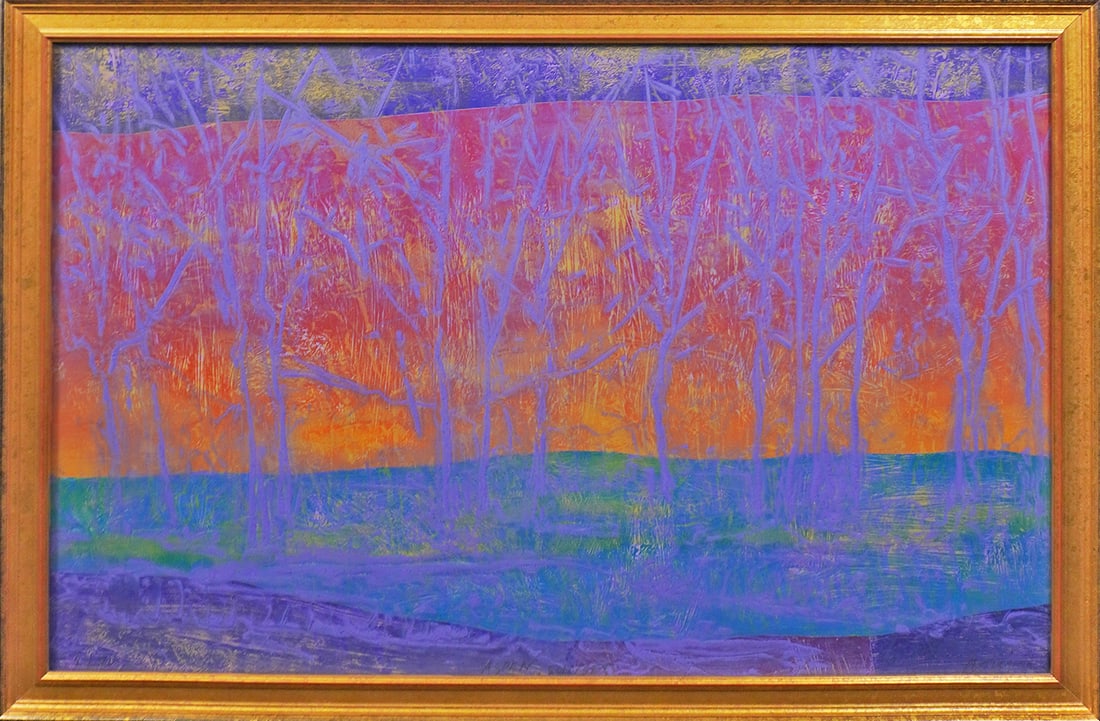 Marshall Noice, Beautiful and Rare Collagraph by Renowned Montana Master Artist: Marshall Noice, "Fall Colors", collagraph, edition 2/70, sight dimensions: 19.25 x 28.75 in., framed dimensions: 22.25 x 31.75 in. Condition: Good with minor wear consummate with age; professionally f