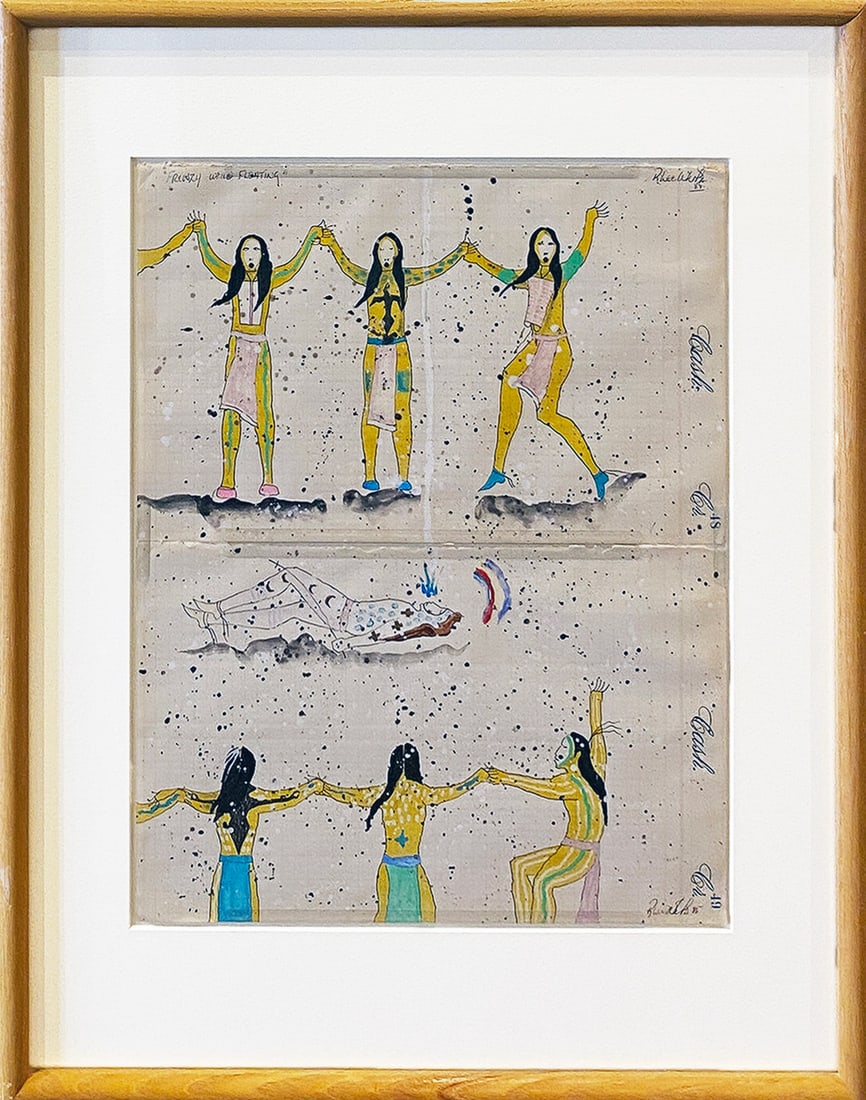 Randy Lee White, Ink & Watercolor on Antique Ledger Paper, Native American Ledger Painting, 1985: Randy Lee White, "Frenzy While Floating (Call to Spirit)", 1985, Ink & Watercolor on Antique Ledger Paper, original, unframed dimensions: 16.5 x 13.5 in., framed dimensions: 24.25 x 20 in. Condition: