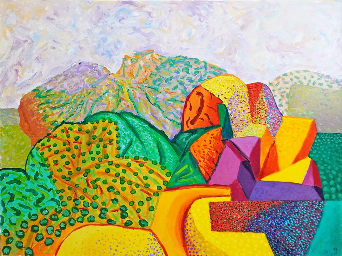 Earl Staley, Acrylic on Canvas, Vibrant Southwest Abstract Landscape Painting, c. 2008: Earl Staley, "Landscape No. 12", c. 2008, acrylic on canvas, unframed, dimensions: 30 x 40 in. Condition: Good, some minor wear commensurate with age; signed by artist lower left corner. Stunningly be