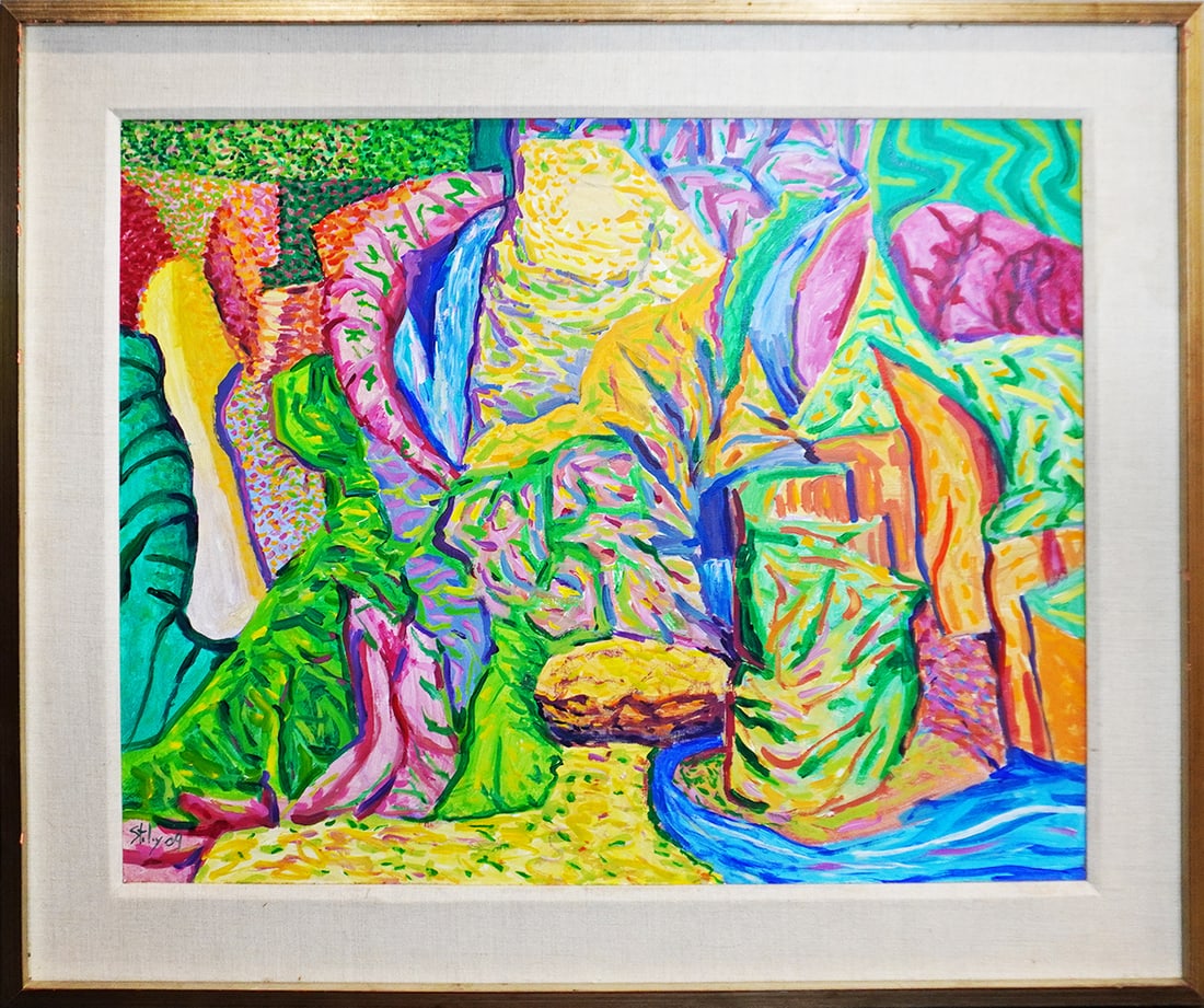 Earl Staley, Acrylic on Canvas, Vibrant Abstract Waterfall, 2009, by Notable Texas Colorist: Earl Staley, "Waterfall No.2", 2009, acrylic on canvas, unframed dimensions: 24 x 30 in., framed dimensions: 30.75 x 36.75 in. Condition: Good- age realted wear and chips to frame; signed by artist in