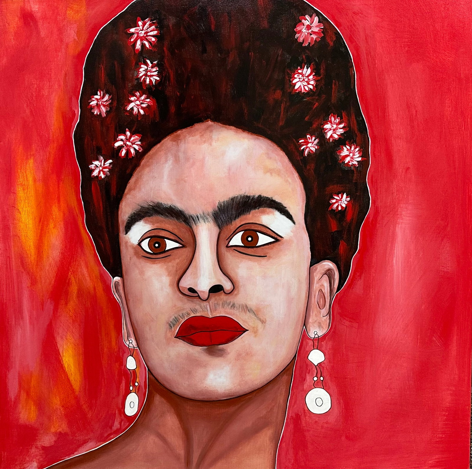 Jada Griffin, Frida Kahlo -Inspired Colorist Perspective in Acrylic, by Notable International Artist: Jada (Janice) Griffin,"Frida", acrylic on canvas, dimensions: 36 x 36 in. Condition: Very Good; professionally stretched with museum wrap, signed and titled by artist verso. Inspired by the paintings