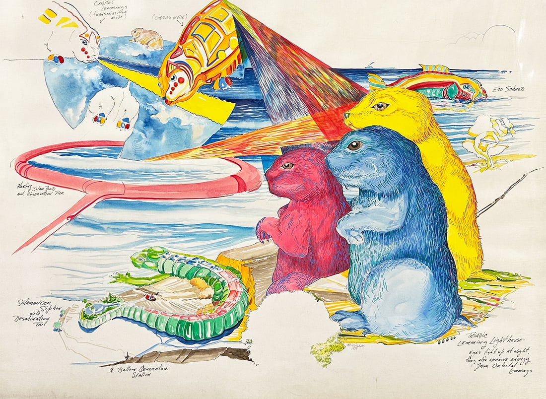 Rich Fisher, Unique Avant-Garde Surreal Colorist Drawing on Paper, 1999: Rich Fisher, "Prairie Dogs by Water", 1999, colored pencil on paper, unframed, dimensions: 22.5 x 30 in. Condition: Good- minor wear commensurate with age, signed by artist in lower corner. Thought-pr