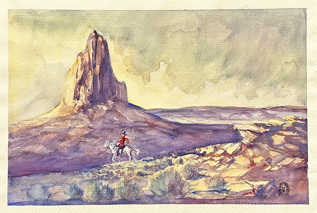 Dine' (Navajo) Rider at Mystic Shiprock, New Mexico, Vintage Watercolor, 1979 (1 of 4)