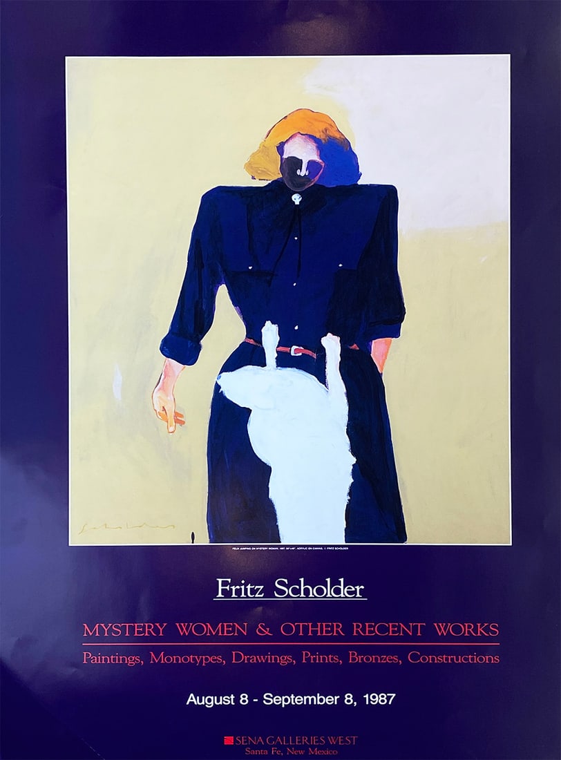 Fritz Scholder (Luiseno Mission Indian), Vintage Poster of Native American Legend and Provocateur: Fritz Scholder (Luiseno Mission Indian), "Mystery Woman and Other Recent Works", 1987, original collector's exhibition poster, unsigned, dated 1987, unframed, dimensions: 36 x 24 in. Condition: Good -