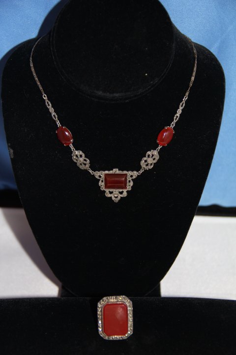 Carnelian & Marcasite Necklace and Ring: Marcasite and Carnelian Necklace and Ring. 14 Inches long