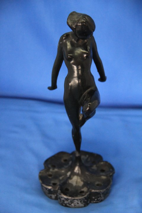 Art Nouveau Flower Frog: Art Nouveau Frankart flower frog. 10 inches tall. Some flaking on the metal.