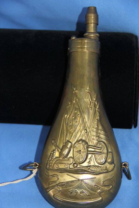 Embossed Civil War Brass Walker Flask: Embossed Walker Flask with adjustable plunger charger. Few minor dents. Measures 8.5 x 3.25 with hooks on the side.