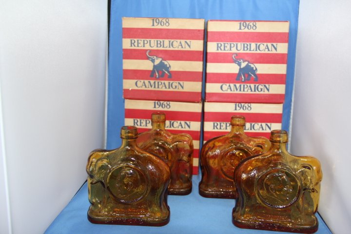 Three Nixon Wheaton Bottles and One Agnew in Orignal Bo: Three Richard Nixon and one Agnew Wheaton bottles in original boxes. Measures 7.5 x 6.5. First edition bottles. Both are from the 1968 election.