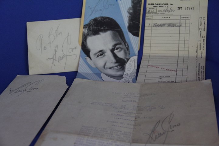 Group of Perry Como Autographs: 3 From the Glen Oak Club, L.I. One on the back of a reserve card, one on an image of Perry Como.