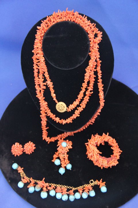Vintage Coral and Turquoise Jewelry: Vintage coral and turquoise jewelry. Two bracelets, 1 pair of earrings, 1 choker length necklace, 16 inches, one 38 inch long necklace and a dress or sweater clasp.