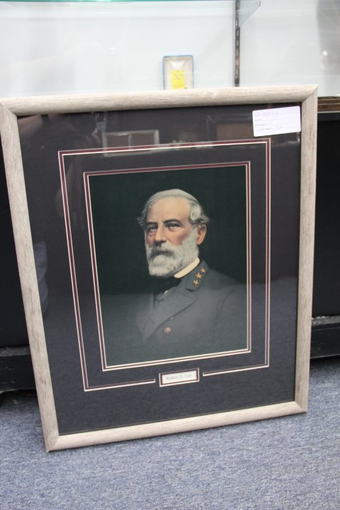 Robert E. Lee Framed Print: Robert E. Lee framed print. Measures 25 x 31 framed and 17 x 20 unframed. Rough wood frame.