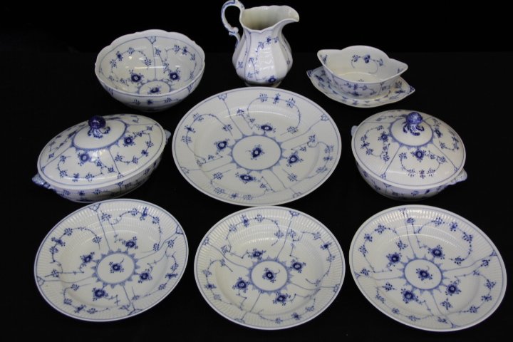 Royal Copenhagen Blue Fluted Plain Serving 9 Pieces.: 100-6902 3 bowls, 10 in. Gravy boat, 5 x 9 in. Milk pitcher, 7 in. Deep bowl, 3 1/2 x 9 in. , Serving Plate - 10". Covered Casserole, 8 in. Covered Oval casserole, 10 in.