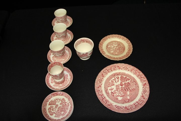 Pink Willow Miscellaneous Pieces- 12: 120-389-390 Pink Willow. 1 footed cup. 1 plate, 9 in., marked Old Willow. 1 plate, 6 1/2 in. 4 egg cups, Japan. 8 egg cup saucers, Made in Brittan.