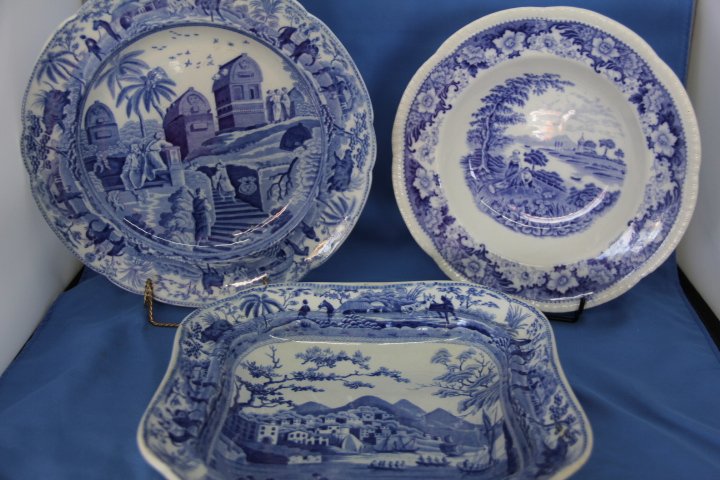 Spode Plate & Bowls: 138-6903 One Spode plate, 10 in. One Spode bowl, 9 x 9 in., with staining on the bottom. One Silverdale England bowl, 9 in.