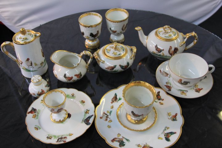 Limoges Rooster Breakfast Set 15 pieces.: 174-362 Group of 15 Rooster Porcelian Breakfast Set. Sugar and cream, J.P. France. Tea pot, J. P. France. Chocolate pot, no mark, 5 in. Coffee cup and saucer, Germany. Salt shaker, no mark. 4 Egg cups