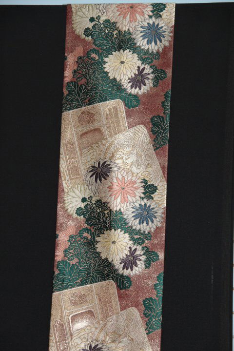 Vintage Japanese Maru Obi: 80-3324 Vintage Japanese Maru Obi. 1940s. Silk jacquard tsuzure weave. Ornamental on both sides. 12 1/2 in. wide, 160 in. long.