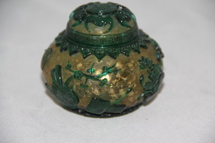 Peking Glass Jar with Lid: 121-1400 Peking glass jar with lid. Pale gold with etched design and green overlay. Landscape, floral design. Measures 3 x 3 inches.