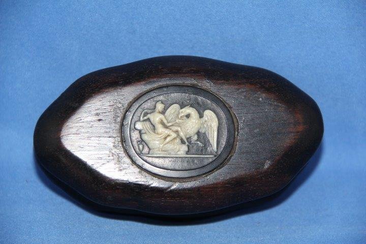 Ebony Box with Cameo Lid: 52-7990 Ebony wood hinged box with carved cameo on the lid.