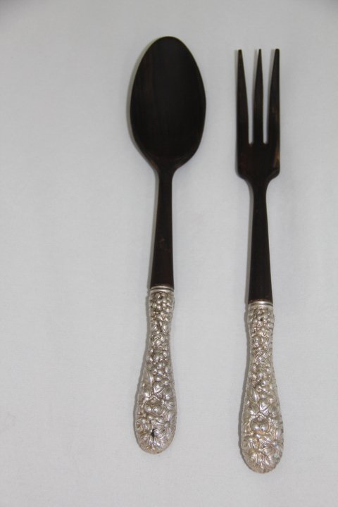 Kirk, Stieff Co. "Stieff Rose" Salad Serving Set with: 72-8076 Kirk, Stieff Co., "Stieff Rose" salad serving set with sterling silver repousse handles and wood tips.11" Long.