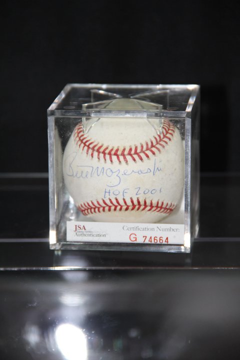 Bill Mazeroski autographed baseball: On official MLB baseball with handwritten inscription "HOF" 2001". Maz was the unlikely hero of the 1960 World Series Game with his late inning homerun against the Yankees. COA from JSA