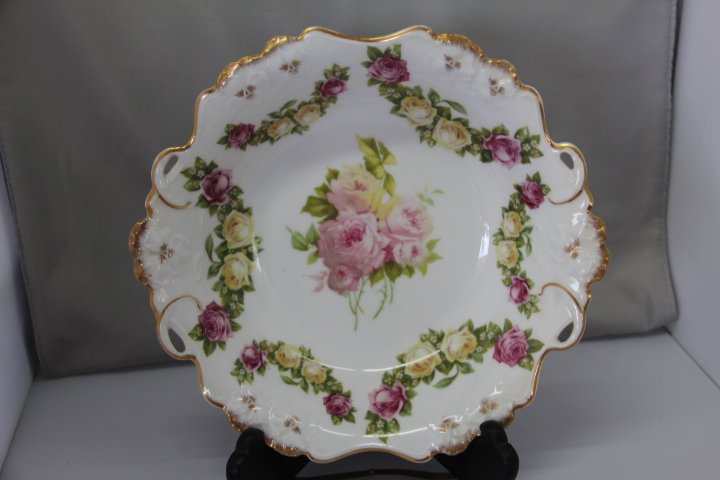 Bavarian Floral Bowl: 15-6040 Pensee Pensee Bavaria floral bowl with gilt trim. Measures 10 in. diameter.