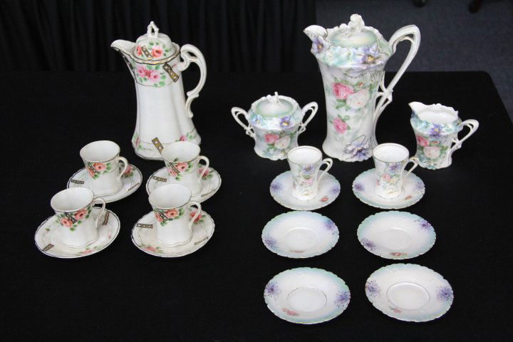 Two Partial Chocolate and Demitasse Sets: 148-6163-6162 RS Prussia demitasse set. Pot, cream and sugar with six saucers and two cups. One cup is damaged. Nippon style chocolate set is unsigned. Pot with 4 saucers and 4 cups.