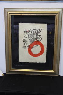 Joan Miro Gouache Etching: 75-4249 Joan Miro (Spanish, 1893-1983) Gouache etching. 1968. Medium is an etching with gouache one color litho on jopon nacre. Artist embellished. Number 1 of 8. Titled "Essencie De La Tere", purchas