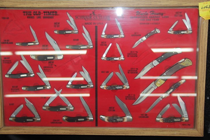Schrade Cutlery Assorted Knives and Display Case, 1969: 197-6062 Assorted 1969 schrade cuttlery in display case. 10 Old Timer, 7 Uncle Henry, 4 Lockblade. Original Box and sheath. Case measures 15x25x11.