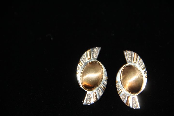 Erte Earrings: 238-4779 Gold and Diamond Earrings, Sterling. Signed Erte. French Clip.
