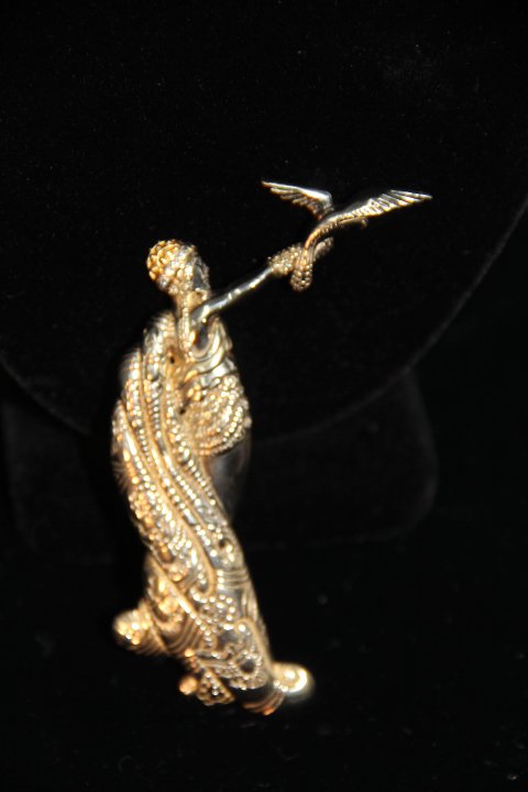 Erte Adventurine Brooch.: 239- 4780 Adventurine Brooch by Erte. CFA Sterling & 14K.